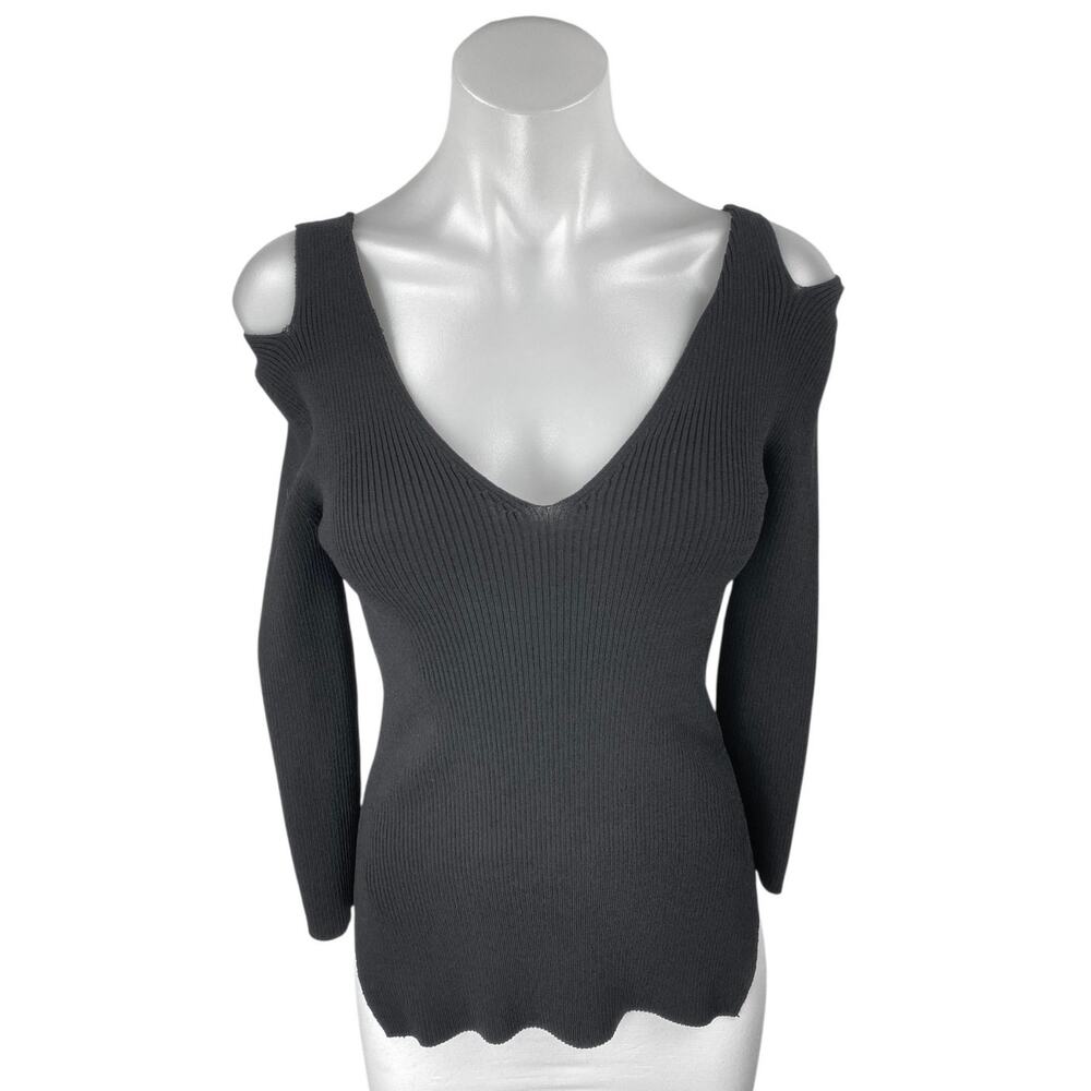 Catherine Malandrino Black Rib Knit Cold Shoulder Long Sleeve Sweater Top Size S